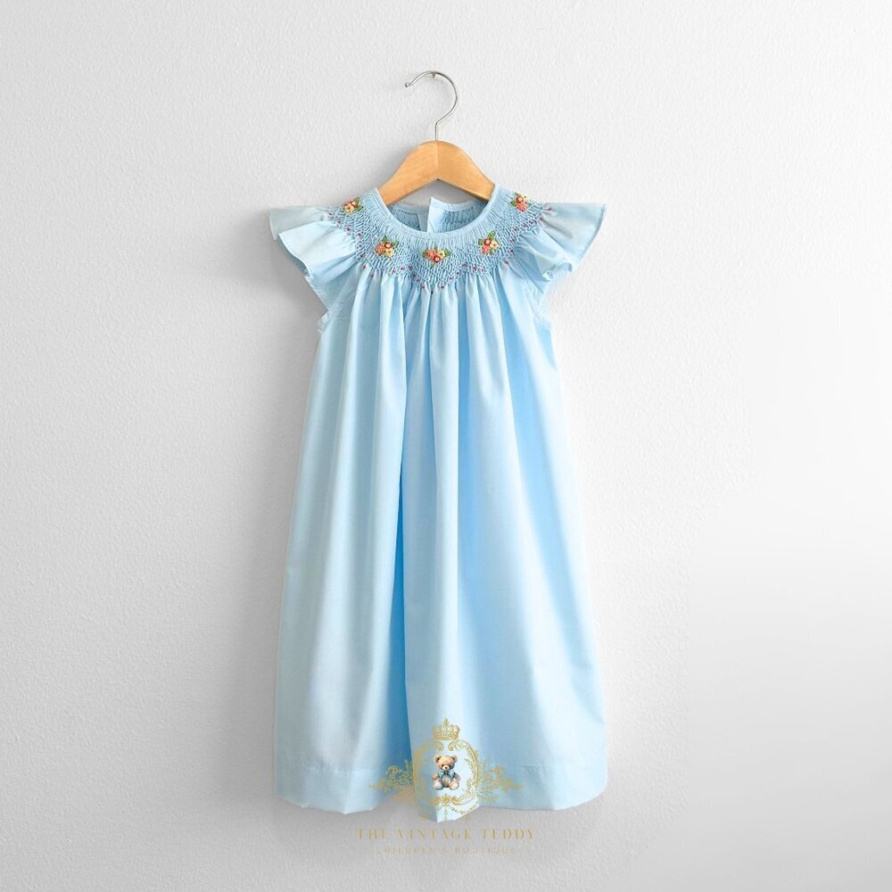 NWT Pretty Girls Embroidered Smocked Bishop Dress Spring & Summer Sky Blue 12M